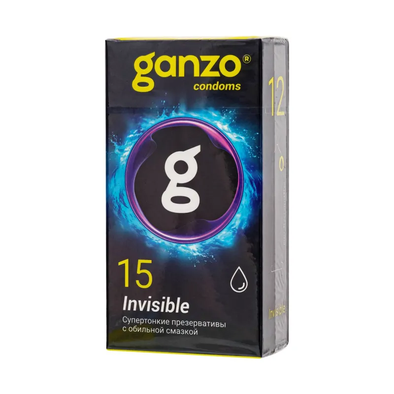 Презервативы Ganzo Invisible, супер тонкие, латекс,18 см, 5,2 см, 15 шт.